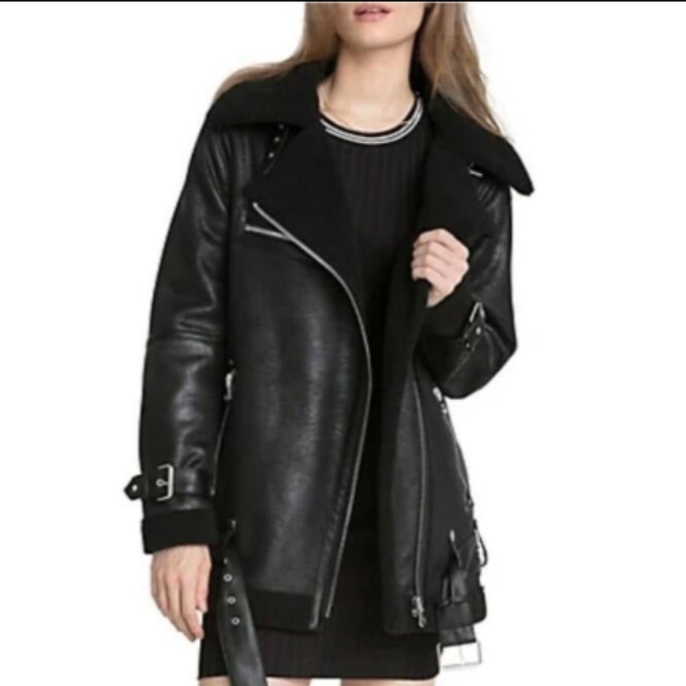 Avec Les Filles Women's gray/black Crackle Faux Shearling Biker jacket Sz M